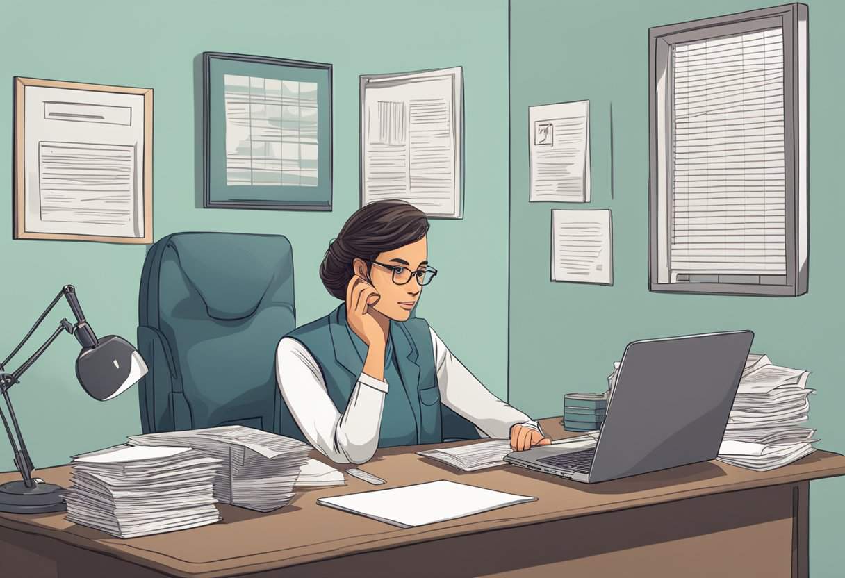 A clinical psychologist sits at their desk, surrounded by paperwork and a computer. A sign on the wall reads "No Insurance Accepted." The psychologist looks determined and confident in their decision